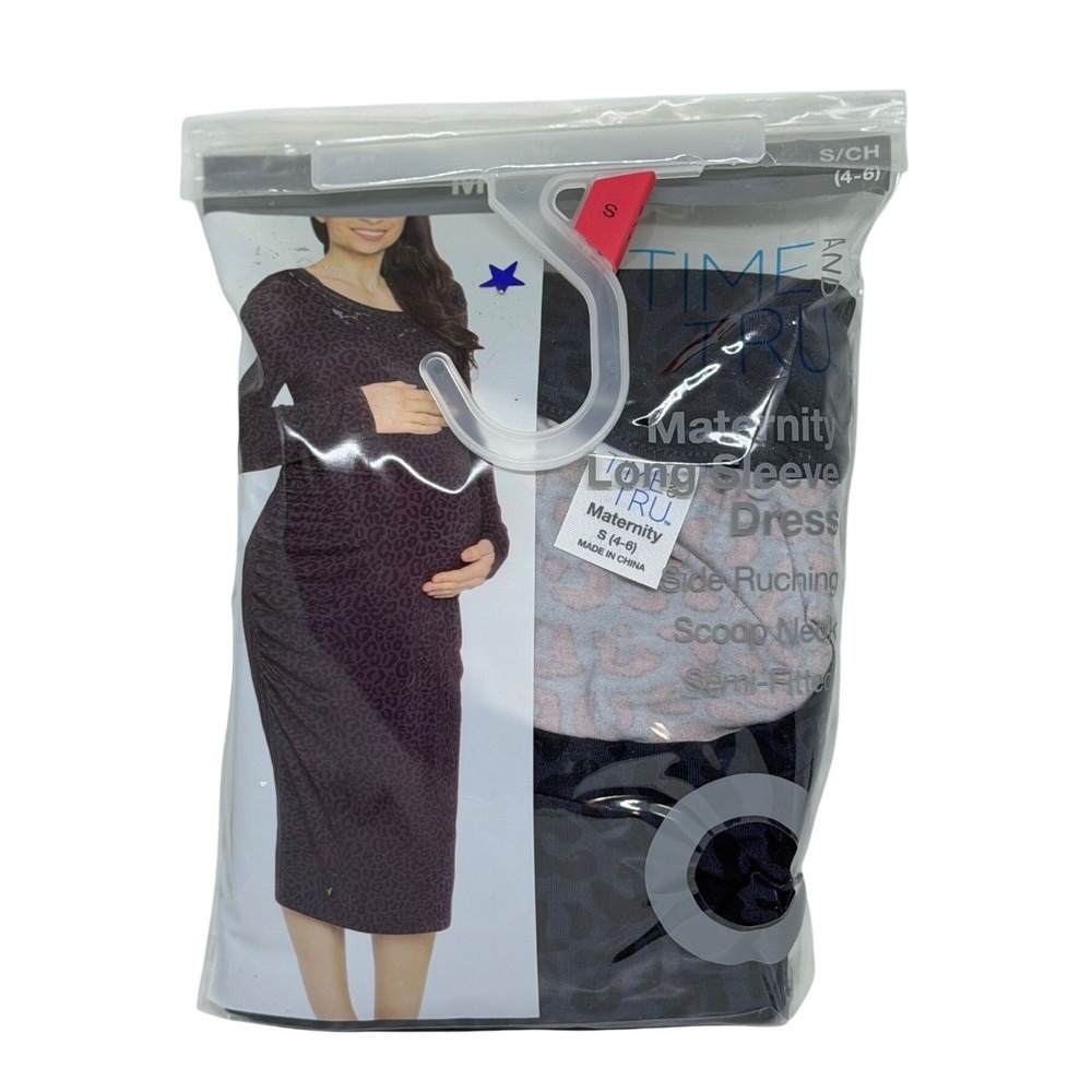 NEW Time and Tru Maternity Dress Small 4-6 Leopard Print LS Semi-Fitted Comfort